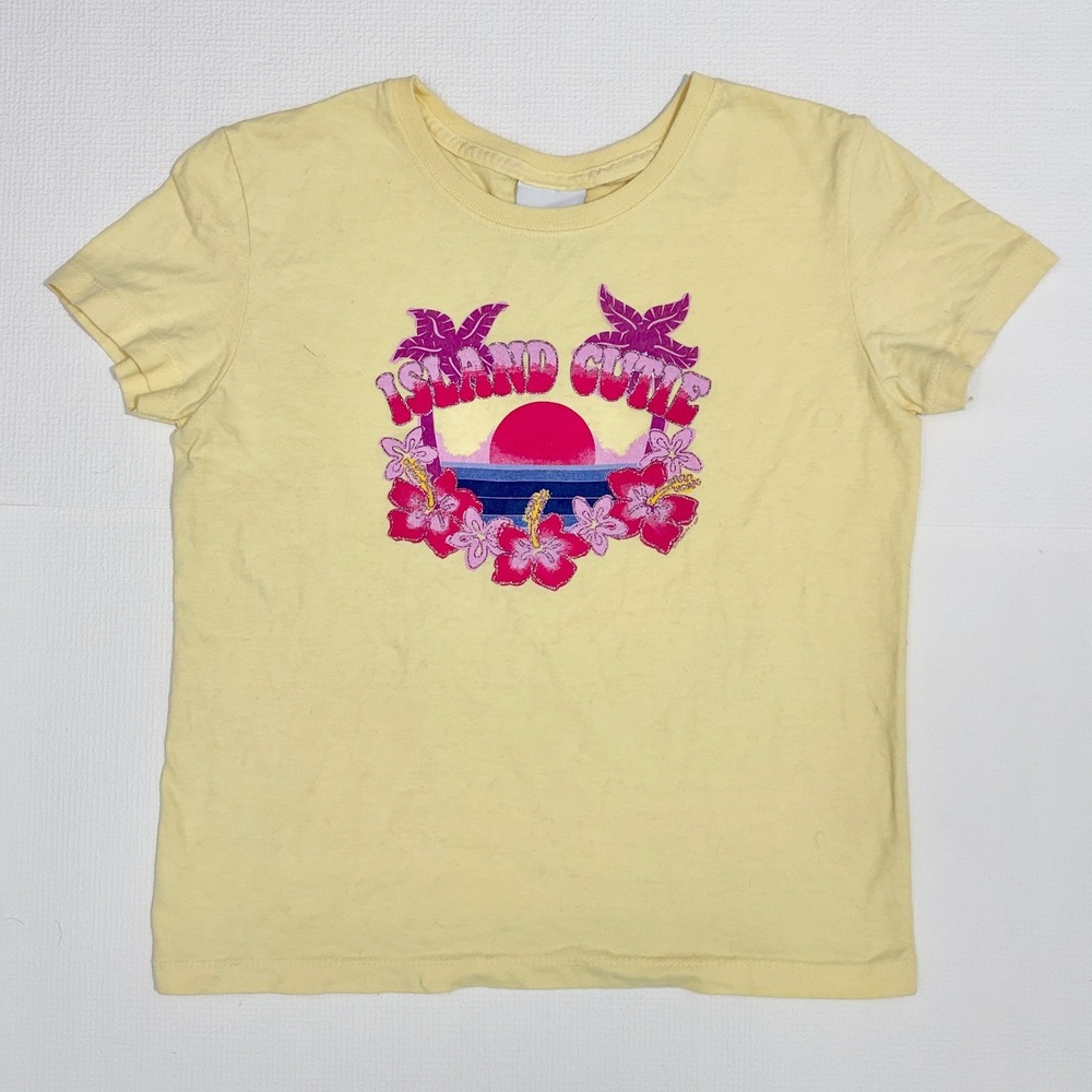 Y2k baby Tee Vintage Graphic Tee Island Cutie Hibiscus Youth Large Yellow